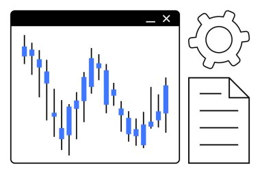 Bir tarayıcı penceresi, belge ve veri analizi, ticaret ve planlama ikonunda şamdan şeması. Finans, teknoloji, araştırma, istatistik pazarı strateji eğitimi dairesi için ideal
