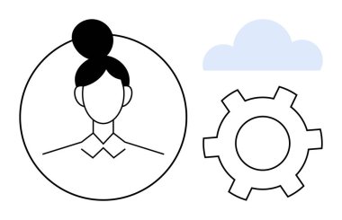 Çemberdeki kadın kullanıcı profili, açık mavi bulut simgesi, ayarları veya yeniliği temsil eden dişli. Teknoloji, yönetim, bulut hesaplama, iş akışı, mühendislik, kişiselleştirme için ideal basit