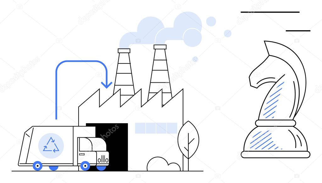 Recycling truck unloading at factory with smoke chimneys and chess knight symbolizing strategy. Ideal for sustainability, business growth, production planning, recycling, industry, decision-making