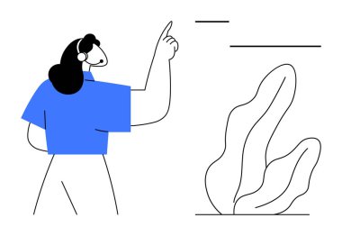 Kulaklık takan kadın organik şekillerin yanında soyut grafiksel öğelere işaret ediyor. Müşteri hizmetleri için ideal, çevrimiçi iletişim, eğitim, rehberlik, takım çalışması, problem çözme, basit iniş