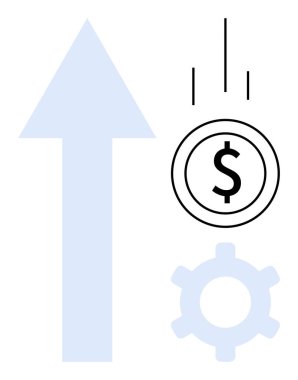 Yukarı ok, dolar işareti ile düşen bozuk para, ve büyümeyi, yatırımı, verimliliği ve ilerlemeyi temsil eden vites. Finans için ideal, iş stratejisi yeniliği optimizasyon başarısı. Düz basit