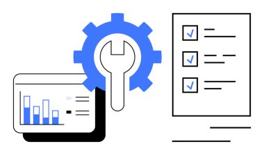 Verimliliği, analitiği ve işlem optimizasyonunu sembolize eden bar çizelgesi ve kontrol listesine sahip vites ve anahtar simgesi. İş, yönetim, çözümler, planlama, strateji, iyileştirme için ideal
