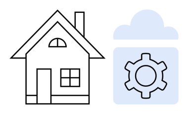 Bulut ikonunun yanı sıra ev yapımı akıllı ev otomasyonunu, bulut tabanlı hizmetleri ve teknoloji entegrasyonunu sembolize eden ev taslağı. Gayrimenkul, loto, teknolojik çözümler, akıllı sistemler ve enerji için ideal