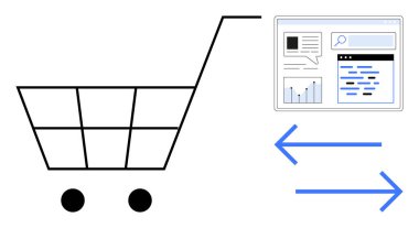 Alışveriş arabası çizimleri ve verileri içeren bir web arayüzü ile eşleştirildi. Oklar işlemi ve akışı sembolize eder. E-ticaret, iş, perakende, çevrimiçi platformlar ve teknoloji için ideal
