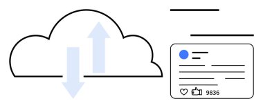 Veri alışverişini temsil eden oklarla dolu bir bulut, başparmak ve yorumların yer aldığı bir sosyal medya iletisiyle eşleştirildi. Analiz, sosyal katılım, bulut teknolojisi, bilgi paylaşımı, veri
