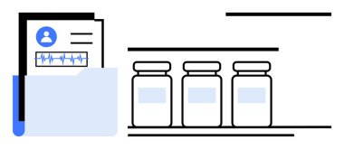 Hasta kayıtları, EKG çıktısı ve rafta üç aşı şişesi olan klasör. Sağlık, aşı, tıbbi araştırma, ilaç lojistiği, veri yönetimi, sağlık izleme dairesi için ideal