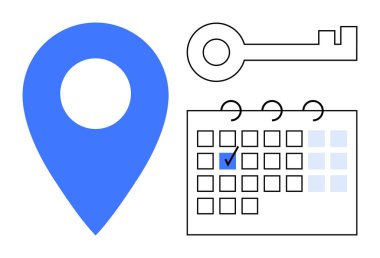 Mavi konum şifresi, anahtar çizgisi, işaretli şebeke takvimi planlama, zaman yönetimi ve konum erişimi vurgulanıyor. Zamanlama, navigasyon, güvenlik, rezervasyon planlama lojistiği için ideal