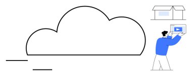 Büyük bulut çizgisi, kullanıcı medyayı gösteren bir tablet tutuyor ve bir mağazayı temsil eden küçük bir bina. Bulut depolama, dijital medya, çevrimiçi alışveriş, e-ticaret, veri transferi, uzaktan kumanda için ideal