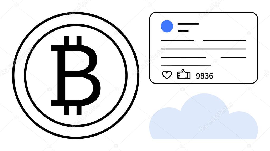 Bitcoin icon next to social media post showing thumbs ups and engagement, with a cloud for digital connection. Ideal for cryptocurrency, blockchain, fintech, social media, cloud computing, online