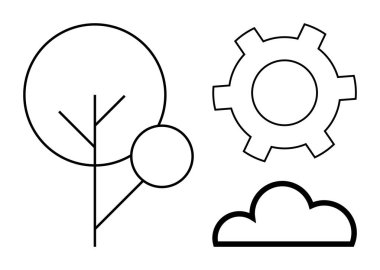 Şekil verilmiş ağaç, dişli ve bulut hatları doğayı, yeniliği ve sürdürülebilirliği temsil ediyor. Sürdürülebilirlik, çevre, teknoloji, sanayi ekolojisi yenilenebilir enerji sade iniş için idealdir