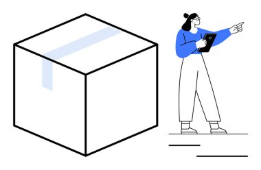 Elinde dosya olan bir kadın büyük, bantlı bir kutuyu işaret ediyor. Lojistik, e-ticaret, planlama, envanter, nakliye, yönetim kavramları ve basit iniş sayfaları için ideal