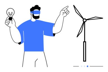 VR kulaklık takan, elinde ampul tutan, rüzgar türbini konseptiyle etkileşime giren biri. Yenilik için ideal, yenilenebilir enerji, sürdürülebilirlik, teknoloji, fütüristik tasarım, sanal öğrenme