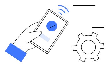 Kontrol işaretli akıllı telefon, kablosuz sinyal ve teknolojiyi temsil eden dişli ikonu, başarı, uygulama kurulumu, mobil bağlantı. Teknoloji hizmetleri, uygulama kılavuzları, otomasyon rehberleri için ideal