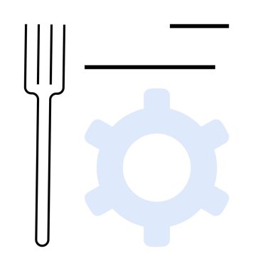 Üzerinde soyut çizgiler olan büyük dişli ana hatlarının yanına çatal koyun. Gıda sistemleri için ideal, yenilik, otomasyon, mekanik, süreç tasarımı, sanayileşme, düz basit metafor