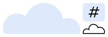 Açık mavi dolgulu büyük bulut, daha küçük bulut çizgisi ve kalın meta veri etiketi sembolü. Teknoloji, veri paylaşımı, sosyal medya, ağ, internet bağlantısı, bulut depolama sade iniş için ideal