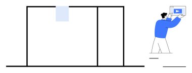 Bölümlü duvarları olan ofis alanı ve video içeriğini gösteren bir ekran taşıyan kişi. Ofis işi akışı, takım çalışması, proje yönetimi, video paylaşımı, kurumsal kurulum, içerik