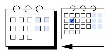 Vurgulanmış tarihli iki aylık takvim, mavi işaretli ve sola dönük oklu. Zaman yönetimi, planlama, ilerleme takibi, iş akışı zaman çizelgesi için ideal. Düz basit