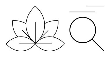 Büyüteç ve yatay çizgilerle eşleştirilmiş çizgi sanat lotusu sembolü keşif, odaklanma, farkındalık, berraklık, büyüme, denge ve araştırmayı vurguluyor. Sağlık ve araştırma büyüme temaları için ideal