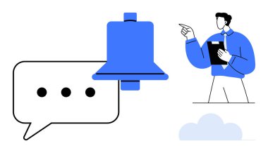 Mavi alarm zili, üç noktalı bir mesaj baloncuğuyla çakışıyor. Elinde pano tutan bir profesyonel. İletişim, takım çalışması, bildirimler, duyurular, hatırlatıcılar, verimlilik için ideal