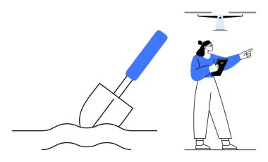 İnsansız hava aracı havada süzülüyor, tablet üzerindeki verileri analiz ediyor, toprakta kürek çekiyor. Teknoloji, yenilik, tarım, otomasyon, çevre, araştırma sade iniş sayfası için ideal