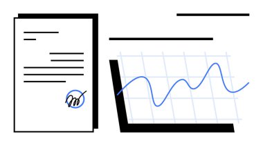 Büyümeyi ve eğilimleri gösteren bir çizginin yanında imzalanmış belge. İş anlaşması, analitik, sözleşme, veri içgörüleri, mali planlama, yasal onay için ideal, düz basit metafor