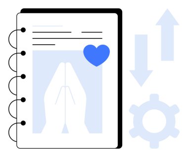 İçinde dua eden eller, mavi bir kalp, ilerlemeyi simgeleyen oklar ve teknoloji için bir dişli bulunan spiral ciltli günlük. Maneviyat, büyüme, farkındalık, üretkenlik, kendini geliştirme için ideal