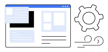 Dişli ve hareket çizgilerinin yanında metin ve ortam düzeni olan tarayıcı penceresi. Web tasarımı, optimizasyon, iş akışı, kullanıcı arayüzü, kişiselleştirme, teknoloji ve verimlilik için ideal. Düz basit metafor