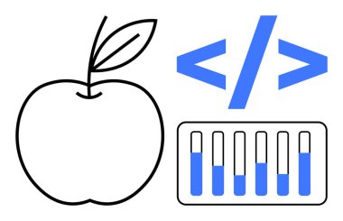 Apple özeti, kodlama etiketi ve bar grafiği teknoloji, eğitim, yaratıcılık ve ilerleme konularını vurgular. Eğitim, beslenme, kodlama veri analizi yeniliği için ideal modern tasarım