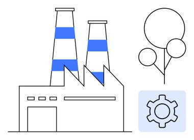 Mavi çizgili bacaları olan fabrika yapısı, soyut ağaç sembolü, endüstri ve teknoloji için teçhizat. Üretim, endüstri, yenilik, sürdürülebilirlik, çevre ve üretim için ideal
