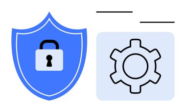 Kilit sembolü ve teçhizat ikonuna sahip mavi kalkan güvenlik, ayarlar ve korumayı vurguluyor. Siber güvenlik, veri gizliliği, sistem güvenliği, kullanıcı kimlik denetimi, bilişim çözümleri, süreç için ideal
