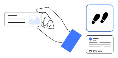 El ele tutuşan kimlik kartı, ayak izi ikonu ve nişan ölçüleri olan sosyal paylaşım. Kimlik, kullanıcı profilleri, sosyal medya, analitik, eylem izleme, iş ve basit iniş sayfası için ideal