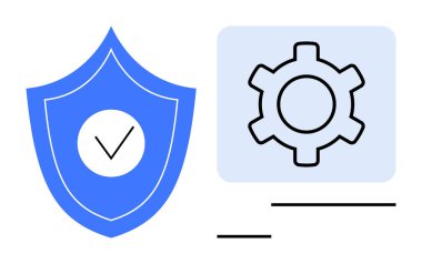 Güvenlik ve sistem optimizasyonunu temsil eden işaretli ve teçhizatlı mavi bir kalkan. Güvenlik, ayar, koruma, gizlilik, güvenlik araçları, siber kavramlar, basit iniş sayfası için ideal