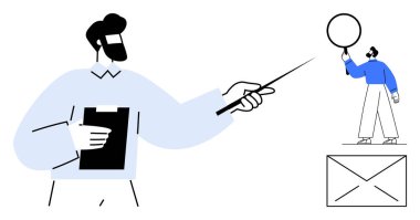 Elinde bir dosya tutan ve konuşma baloncuğuyla zarfın üzerinde duran takım üyesini işaret eden kişi. Takım çalışması, liderlik, iletişim, rehberlik, işbirliği, sunum, basit iniş sayfası için ideal