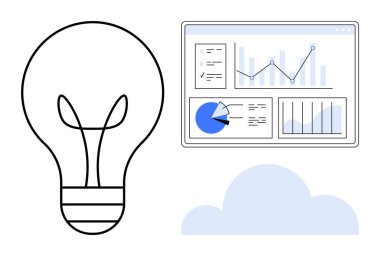 Fikirleri sembolize eden ampul, grafikli veri analiz paneli, pasta grafiği, bulut elementi. Yenilik, analitik, teknoloji, bulut hesaplama, üretkenlik stratejisi için ideal basit bir iniş sayfası