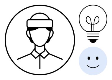 Bir çemberin içinde saç bandı takan birinin vesikalığı fikirleri sembolize eden bir ampul ve pozitifliği ifade eden mutlu bir yüz. Yaratıcılık, yenilik, takım çalışması, motivasyon ve beyin fırtınası için ideal.