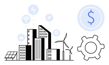 Rüzgâr türbinleri, güneş panelleri ve bağlantı ikonları ile kentsel gökdelenler akıllı şehir yeniliğini temsil ediyor. Sürdürülebilirlik, teknoloji, yenilenebilir enerji, kentsel gelişim, gelecekteki tasarım için ideal