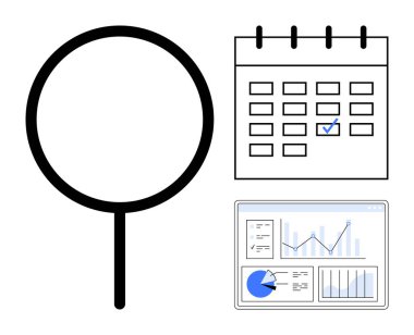Grafikler ve turta grafikleri içeren kontrol işaretli ve veri paneli olan bir takvimin yanında büyüteç. Planlama, zamanlama, veri analizi, üretkenlik, araştırma ve iş stratejisi için ideal