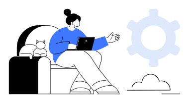 Tabletle oturan bir kadın, kedi kanepe takımlarının üzerinde dinleniyor ve bulut elementleri teknolojiyi ve verimliliği vurguluyor. Uzaktan çalışma, teknoloji, rahatlık, yenilik, yaşam tarzı, takım çalışması için ideal basit