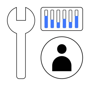 İngiliz anahtarı, mavi içerikli test tüpleri, ve kullanıcı simgesi araçları sembolize ediyor, araştırma, yenilik, gelişme. Teknoloji, bilim, eğitim, yaratıcılık, analitik problem çözme ve basit bir