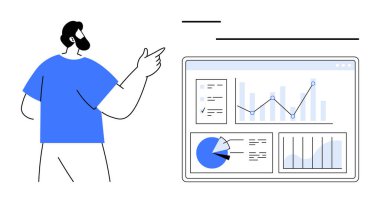 Detaylı veri gösterge paneline doğru hareket eden adam bar çizelgeleri, çizgi grafikleri, pasta grafiği ve metrikleri içeriyor. İş analizi, veri görselleştirme, sunumlar, raporlama, takım çalışması için ideal