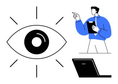 Işıldayan çizgileri olan büyük bir göz sembolü, pano hareketli bir adam, odaklanmayı ve görüşü vurgulayan bir dizüstü bilgisayar. Takım çalışması, iş planlaması, yaratıcılık, liderlik, analitik, iletişim için ideal