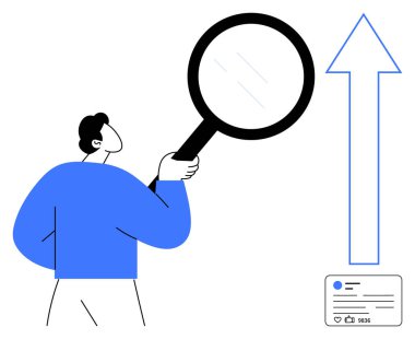 Büyüteç tutan kişi, büyümeyi, araştırmayı ve ilerlemeyi sembolize eden yukarı doğru ok ve sosyal analiz kartını gözlemler. İş, strateji, analitik, büyüme, sosyal medya çalışması için ideal