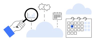 Bar çizelgesinin, bulutların, bulmacanın parçalarının ve takvimlerin üzerinde büyüteç, gösteri organizasyonu, takvim, takım çalışması. Veri, strateji, verimlilik işbirliği, bulut depolama planı için ideal