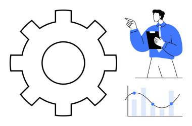 Veri eğilimli bir grafiği analiz eden bir profesyonelin yanındaki sistemleri sembolize eden büyük dişli. Takım çalışması, planlama, süreç, analitik, strateji, yenilikler ve verimlilik için ideal. Düz basit metafor