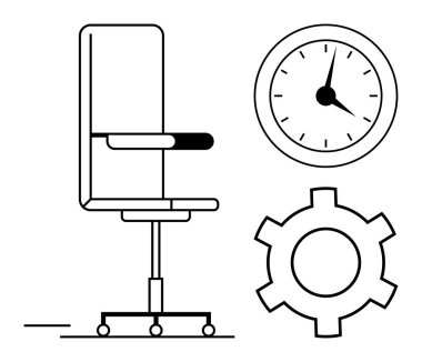 Tekerlekli sandalye, saat ve teçhizat üretkenliği, takım çalışmasını, yaratıcılığı, işyeri kültürünü, zaman yönetimini, profesyonelliği ve organizasyonu vurguluyor. Modern proje görselleri için ideal