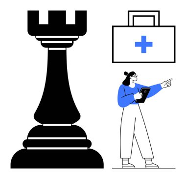 Büyük bir satranç kalesi, elinde tablet olan bir sağlık uzmanının yanında tıbbi bir kiti işaret eden bir stratejiyi simgeliyor. Sağlık planlaması, karar verme, strateji, takım çalışması için ideal
