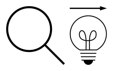 Büyüteç ampulü işaret ediyor ve ok bağlantıyı gösteriyor. Araştırma, yenilik, büyüme, yaratıcılık, keşif, ilerleme ve keşif için idealdir. Düz basit metafor