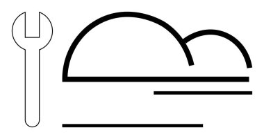 Doğrusal ve kıvrımlı şekillerin bitişiğindeki anahtar soyut tepe ve ufuk çizgileri oluşturuyor. Onarım, teknoloji, inşaat, iyileştirme, yenilik, minimalizm ve yaratıcılık için ideal. Düz basit metafor