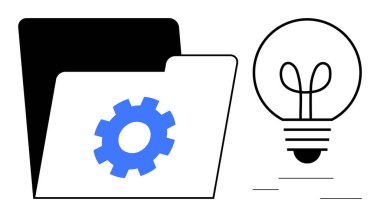 Mavi dişli sembollü ve parlak ampullü klasör fikirleri, yeniliği, veri organizasyonunu, süreç optimizasyonunu, verimliliği, problem çözmeyi ve yaratıcılığı simgeliyor. Teknoloji için ideal