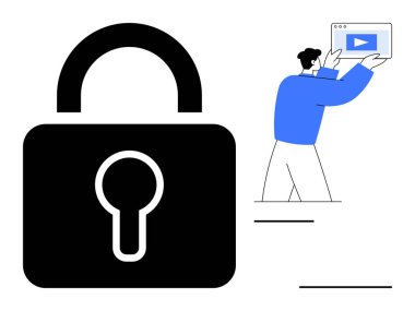 Güvenlik ve mahremiyeti simgeleyen büyük kilit simgesi elinde video oynatıcı ekranı olan bir adam. Siber güvenlik, çevrimiçi koruma, dijital güvenlik, medya erişimi, veri güvenliği, eğitim, basit iniş